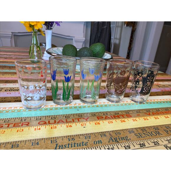 1930s ATLAS Federal KRAFT SWANKY SWIG Blue Tulip Black JUICE GLASSES 5 - Picture 1 of 9